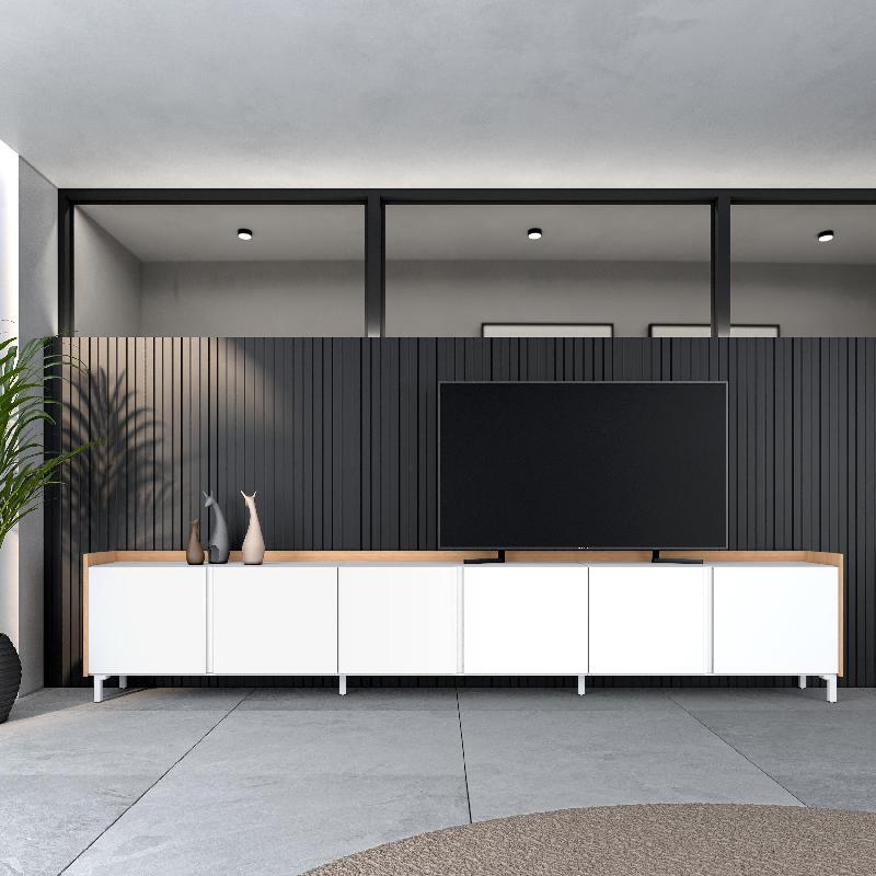 SKRAUT HOME - MEUBLE TV EFFET BOIS BLANC ET CHÊNE 309X35X61CM AVEC PIEDS