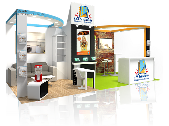 Stand d'exposition avec 2 arcs lumineux - réserve 4m² - colonne présentoir - 2 banques d'accueil - 4 salons avec fauteuils_0