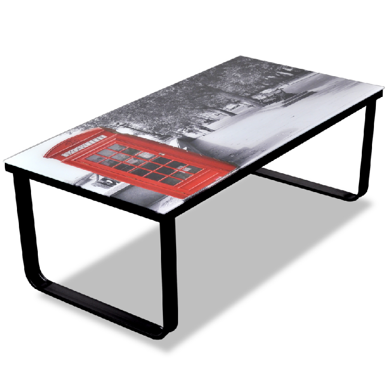 Table basse de salon design - Verre trempé noir avec impression cabine téléphonique - 90 x 45 cm - Modèle 0902030_0