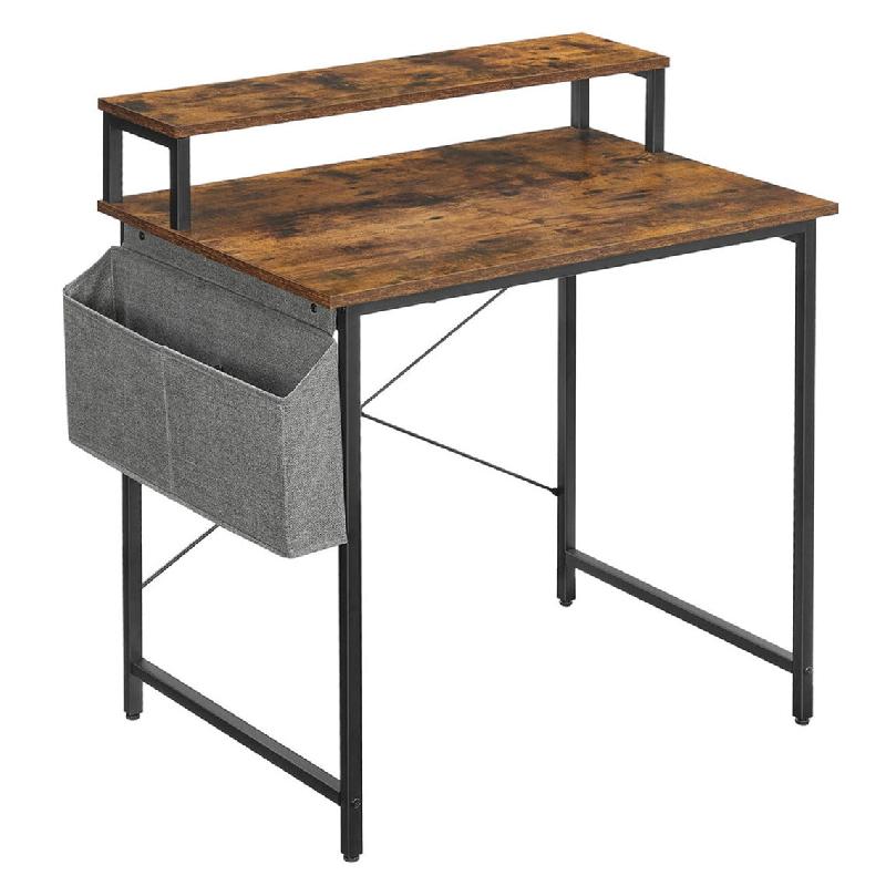 BUREAU INFORMATIQUE TABLE D’ÉTUDE AVEC AVEC SUPPORT ÉCRAN SAC DE RANGEMENT EN TISSU BARRES EN X PIEDS RÉGLABLES 85 X 55 X 90 CM STYLE INDUSTRIEL MARRON RUSTIQUE ET NOIR 12_0001317_0