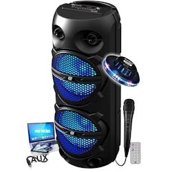 Enceinte DJ Karaoké sur batterie Gemsound GS208, 300W, Boomers 20cm à LED RVB, USB Bluetooth,SD, FM,TWS, PC, Micro filaire, OVNI - 3666638048233_0