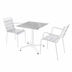 Oviala Business Ensemble table de terrasse stratifié marbre avec 2 fauteuils blanc - blanc métal 110826_0