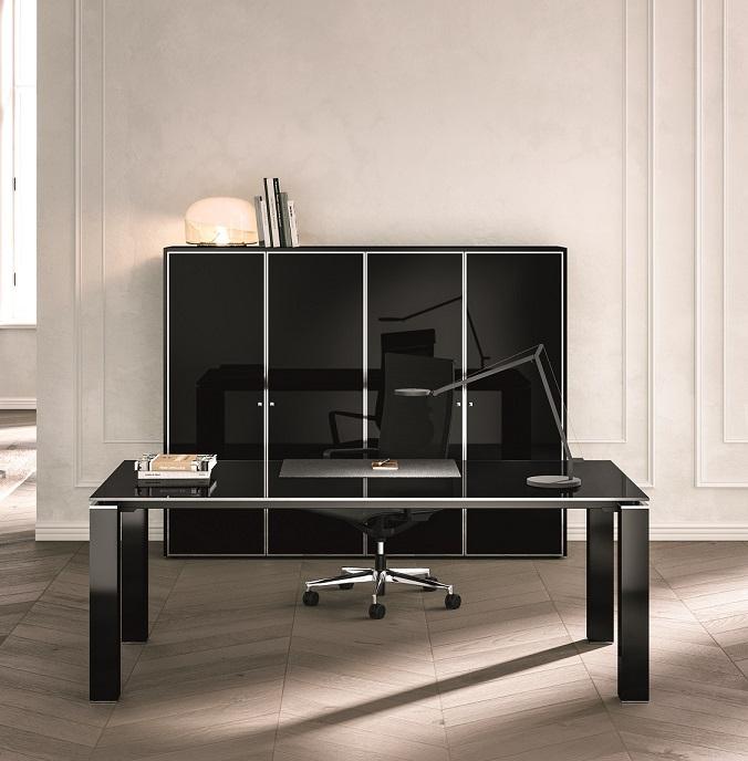 Bureau de direction Get - plateau en verre laqué trempé 12 mm - piètement colonne avec niveleurs - dimensions personnalisables_0