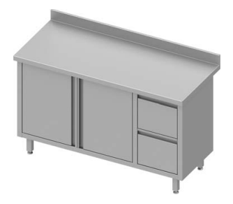 Meuble bas table de travail inox adossée avec deux tiroirs  à droite portes battantes 1400x600x900 - 930336140_0