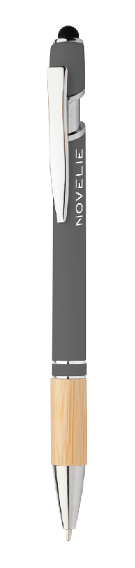 Stylo à bille stylet en aluminium - Embase bambou - Finition caoutchoutée - Encre bleue_0