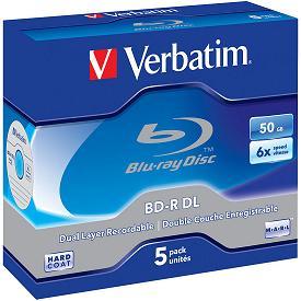 VERBATIM - PACK DE 5 BLU-RAY BD-R DL DOUBLE COUCHE 50 GO 6X BOITIER CRISTAL 43748