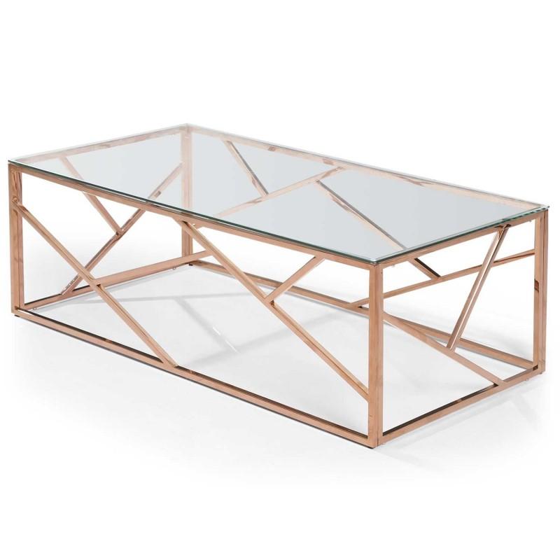Table basse design Zita 120 cm - verre transparent & inox or rose - Paris Prix_0