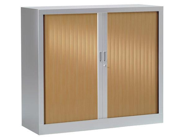 Armoire basse à rideaux bois - 1000 x 430 x 1000 mm - gris aluminium hêtre - 2 étagères - fabrication française_0