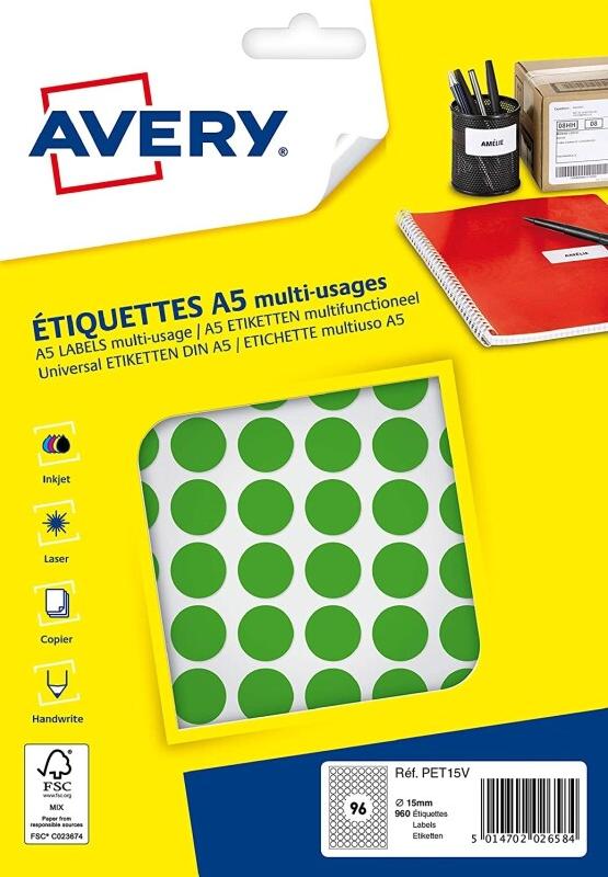 AVERY Lot de 5 Etui de 960 pastilles adhésives, diamètre 15 mm, coloris vert (10 feuilles / cdt) - 5014702026584_0