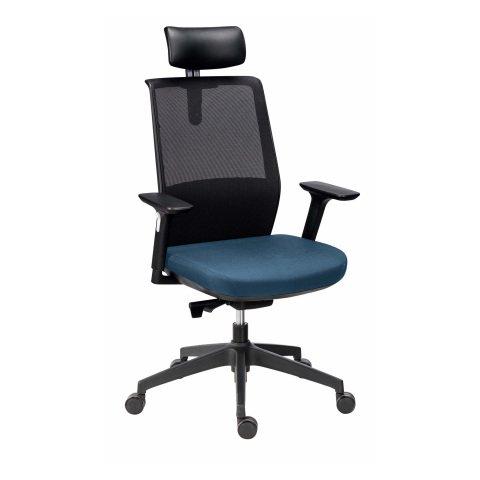 CHAISE DE BUREAU ATLAS TISSU ET MAILLE BLEU - DOSSIER HAUT - APPUI-TÊTE - ACCOUDOIRS 3D - SOUTIEN LOMBAIRE - MÉCANISME SYNCHRONE