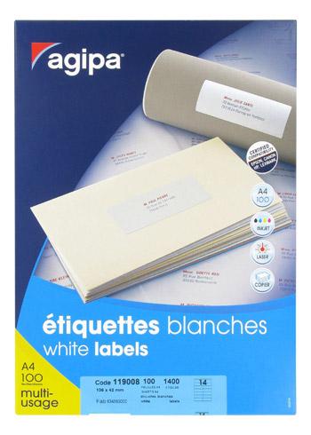 ETIQUETTE ADRESSE MULTI-USAGES 105 X 42 MM AGIPA 119008 BLANCHE - BOÎTE DE 1400