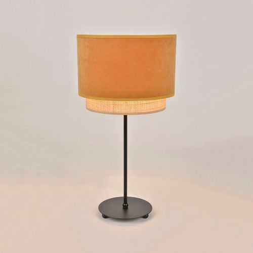 LAMPE BASE RONDE EN MÉTAL PEINT. ABAT-JOUR DOUBLE CYLINDRE MOUTARDE - COREP
