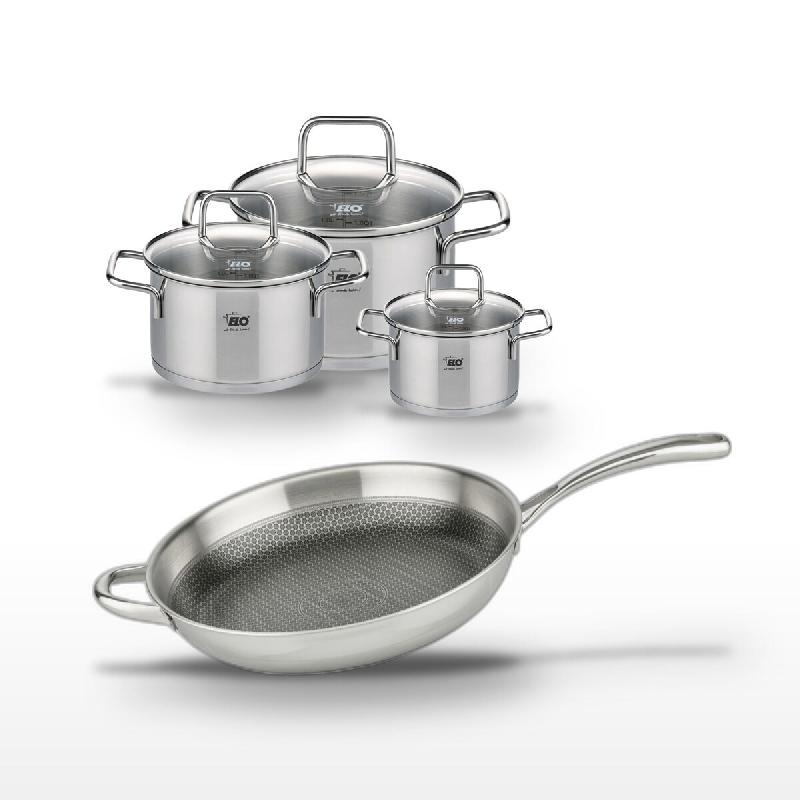 Lot Poêle 32cm Elo Relief Evolution & 3 Faitouts Elo - gris inox 3176239955361_0