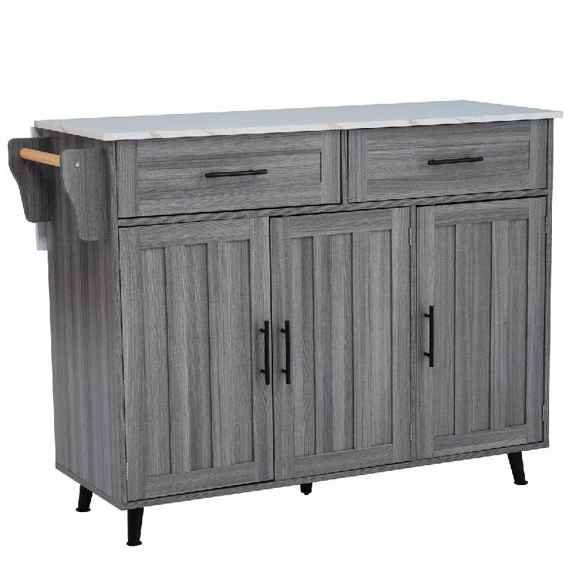 Merax Chariot de cuisine 129x46-71x91.5 cm, îlot mobile avec plan rabattable, 3 portes et 2 tiroirs, roulettes/pieds bois, gris - gris Bois manufactu_0