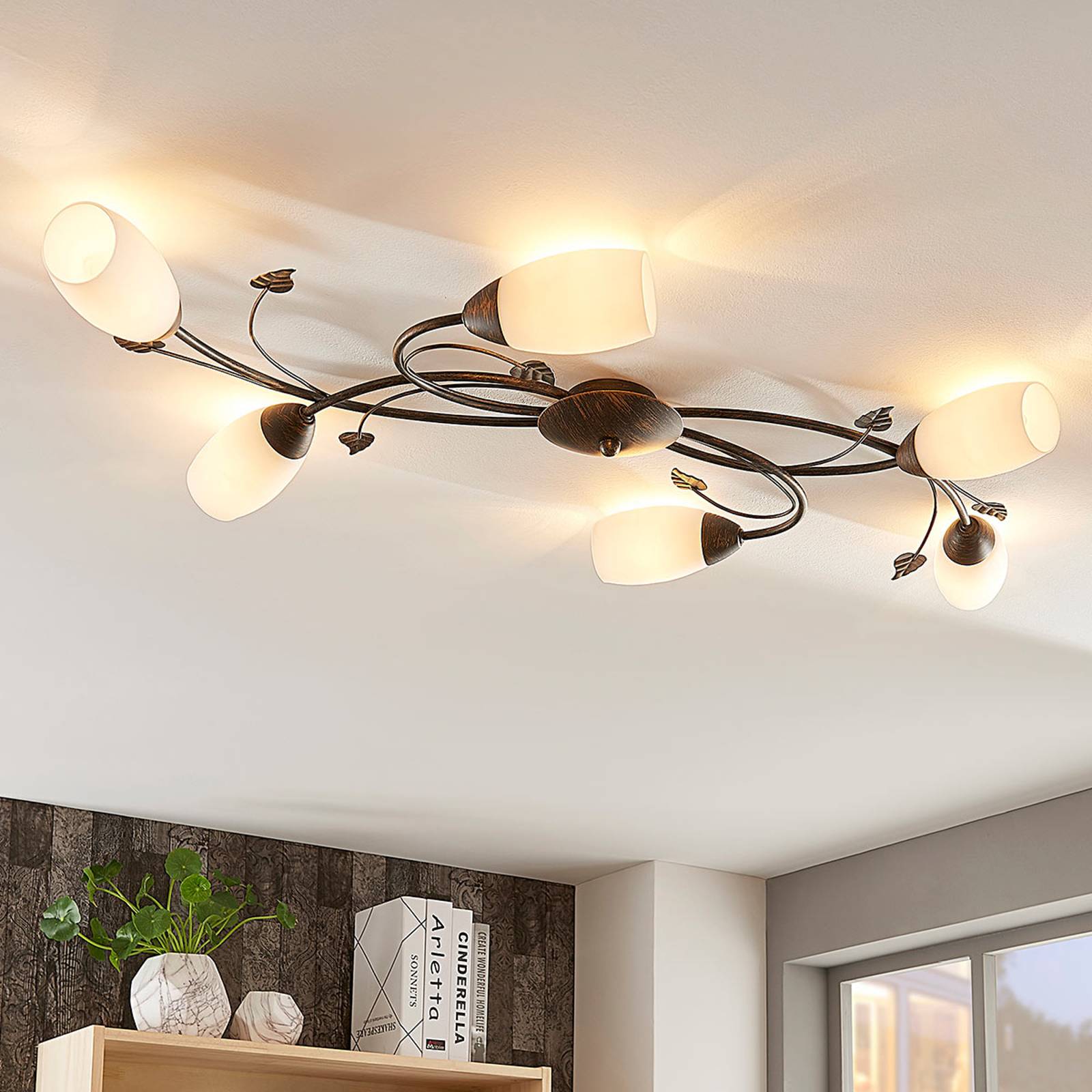LINDBY PLAFONNIER STEFANIA, 6 LAMPES, NOIR/OR, 68CM