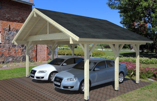 Préau couvert en bois 2 places pour voiture - 28.0 m² - Poteaux lamellé collé et couverture en shingle_0