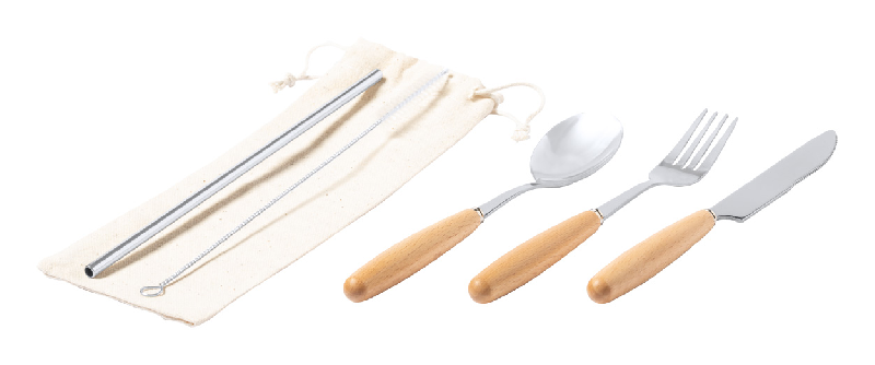 Set de couverts - Ménagère 5 pièces en acier inoxydable avec manches en bois - Pochette en coton_0