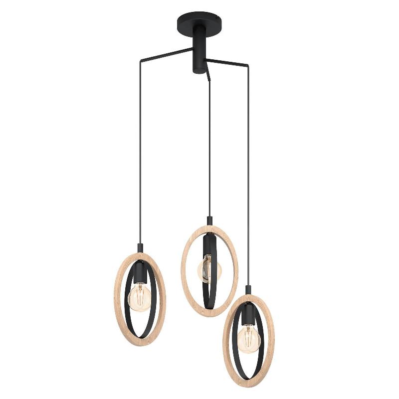 EGLO SUSPENSION BASILDON, DÉTAILS BOIS À 3 LAMPES RONDE