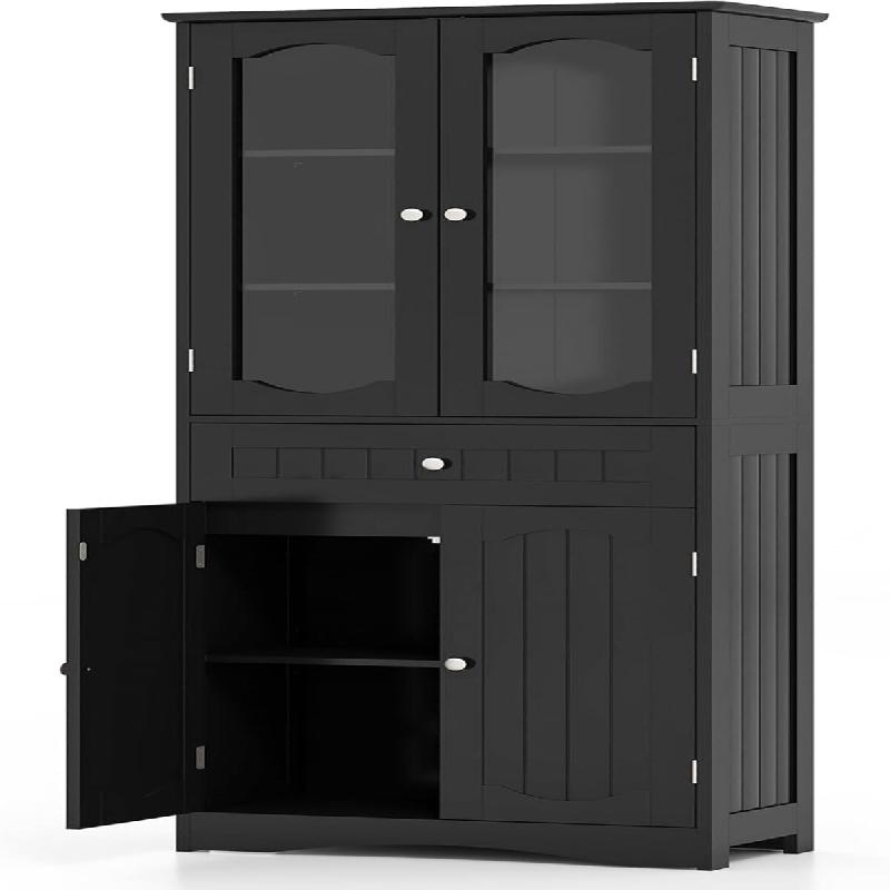 COSTWAY Armoire de salle de bain haute 160 cm, armoire autoportante avec 2 portes vitrées, 2 étagères réglables, grand meuble de rangement, noir -_0
