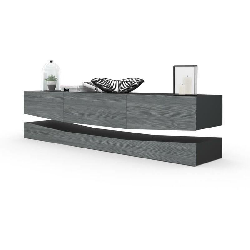 VLADON ARMOIRE BASSE MEUBLE TV CITY EN NOIR MAT HAUTE BRILLANCE