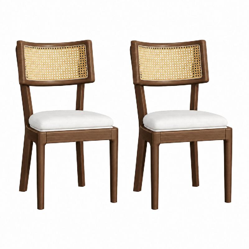 Merax lot de 2 chaises de salle à manger 50 x 58 x 88 cm en bois massif avec dossier en rotin et coussins en lin aspect noyer et beige - multicolore_0