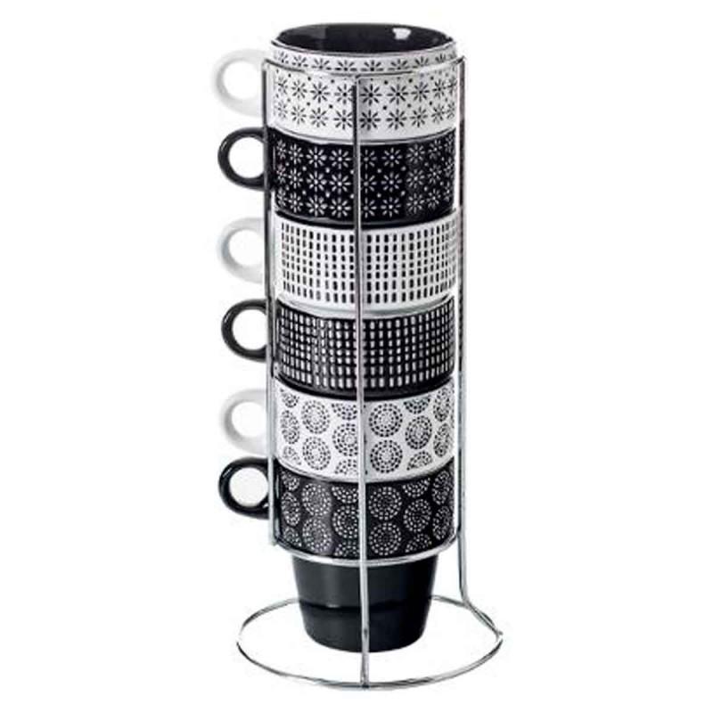 Set de 6 mugs sur rack - Design Ethnik noir & blanc - Paris Prix_0
