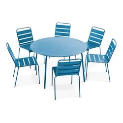 Oviala Business Ensemble table de terrasse ronde et 6 chaises en métal bleu pacific - Oviala - bleu acier 106038_0