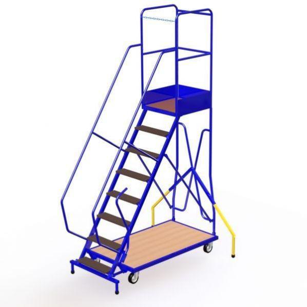 Escabeau mobile Rolléco - 5 à 14 marches avec stabilisateurs et 8 marches inclus_0