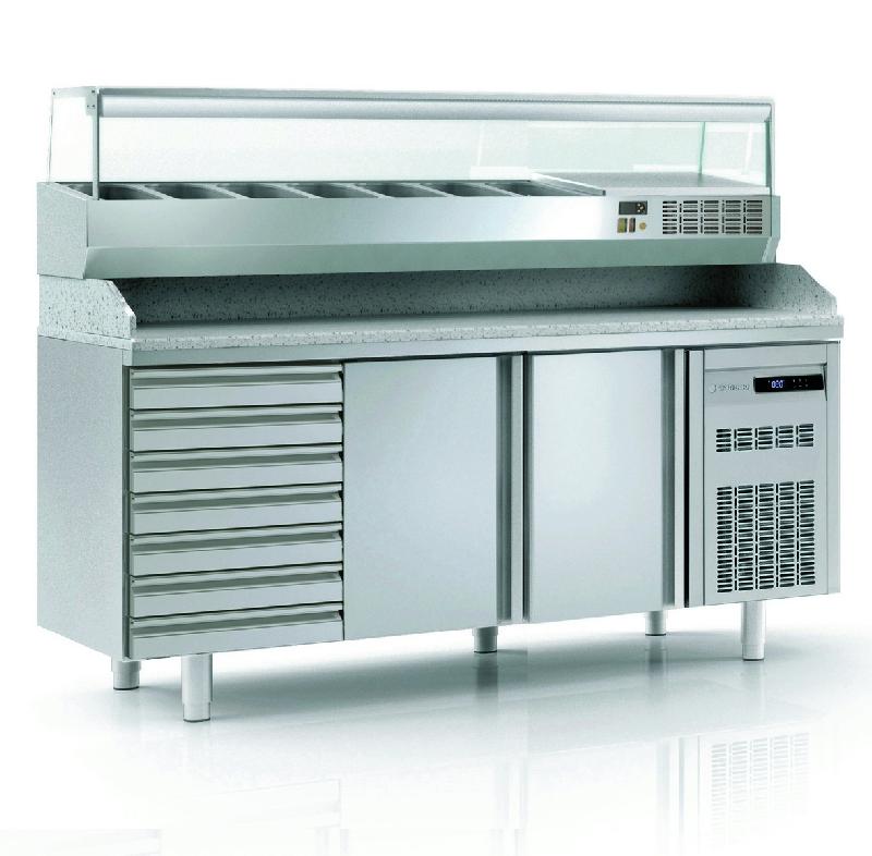 Meuble à pizza professionnel inox 700 positif 2 portes avec 7 tiroirs neutres - MFP70-180-7_0