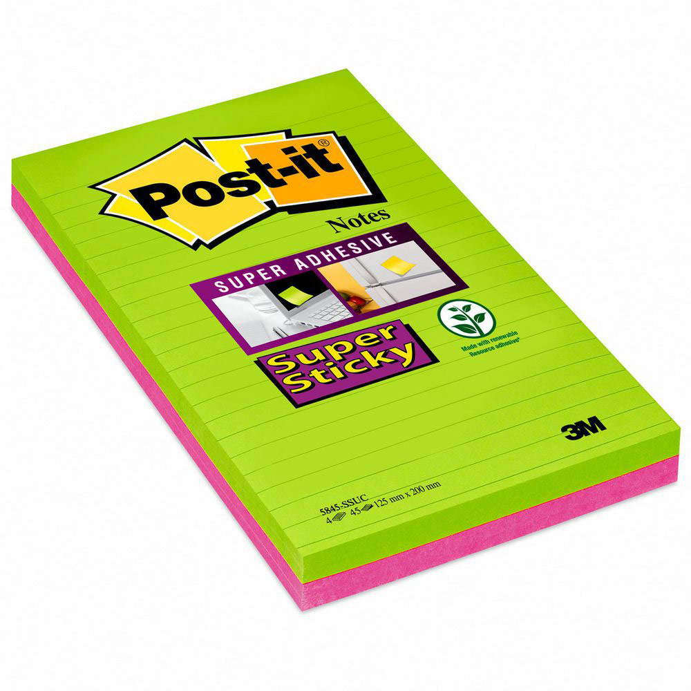 NOTES POST-IT SUPER STICKY LIGNEES - 12,5 X 20 CM - COLORIS NEON ASSORTIS - LOT DE 4 BLOCS DE 45 FEUILLES