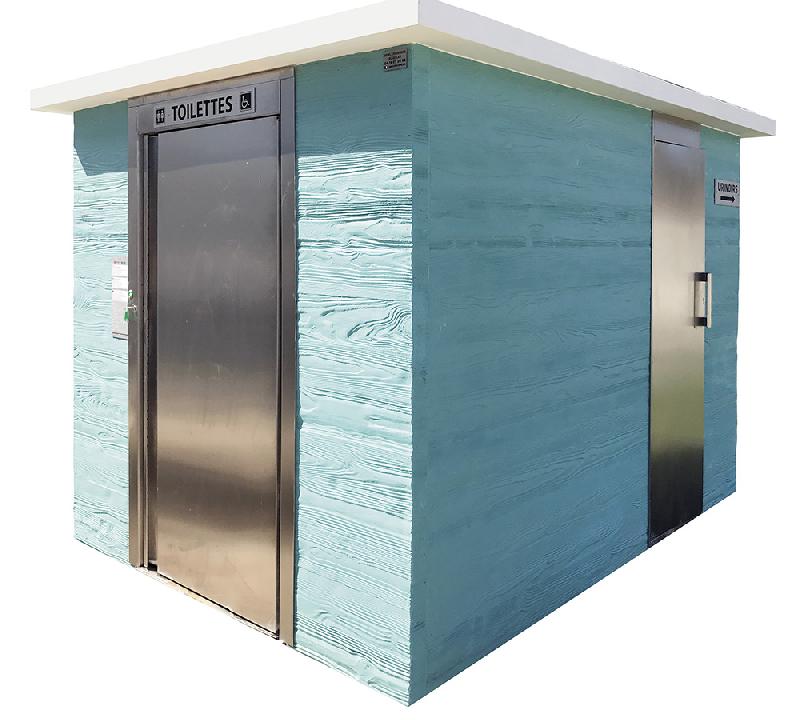 Toilette automatique - cabine PMR avec urinoirs en inox - finition imitation bois horizontale_0