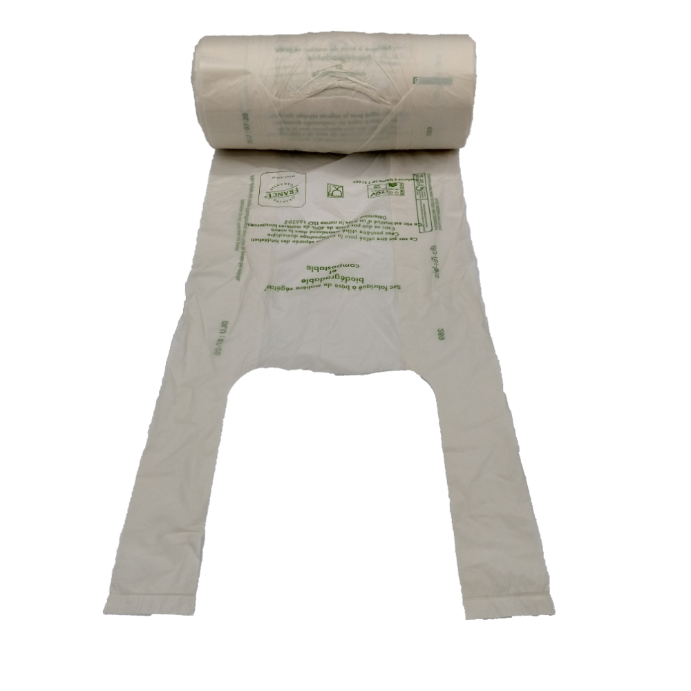 3000 sacs bretelles biodégradables 23+12×45 cm crème en rouleau - 10 microns - Bio-sourcés et certifiés LTE_0