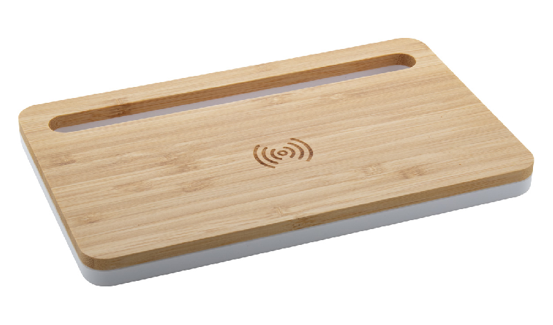 Chargeur induction de bureau en bambou - 5W avec support téléphone et Power Bank USB 1000 mA_0