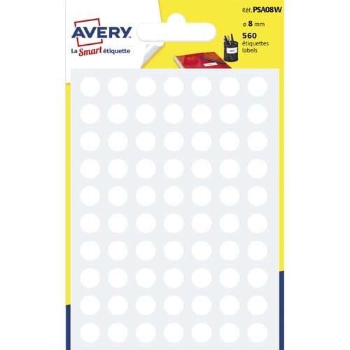 AVERY Lot de 10 Etui de 560 pastilles adhésives, diamètre 8 mm, coloris blanc (8 feuilles / cdt) - 5014702026270_0