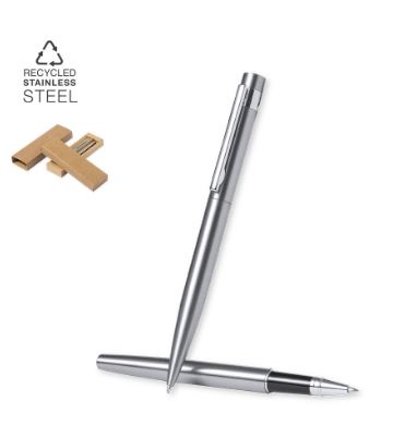 Ensemble écologique stylo et roller en acier inoxydable recyclé - Kaylax 1684 avec écrin kraft_0