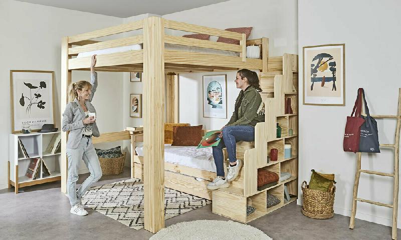 LIT MEZZANINE AVEC ESCALIER PALOMAR XL  BOIS NATUREL 200X200 CM
