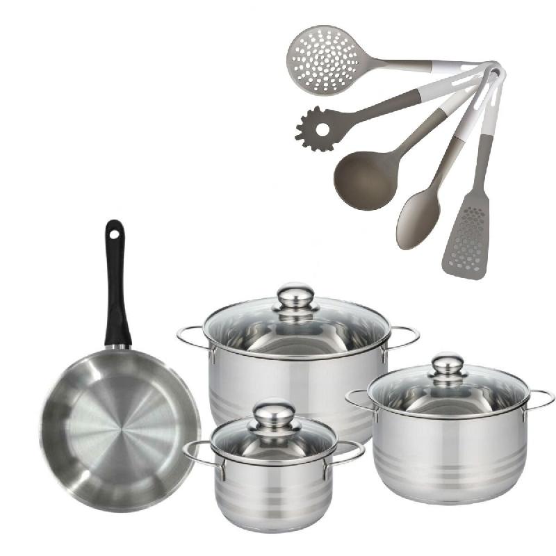Lot 1 Poêle 20cm & 3 Faitouts 16/20/24cm Fackelmann Geneva avec 5 ustensiles - gris inox 3176239921885_0