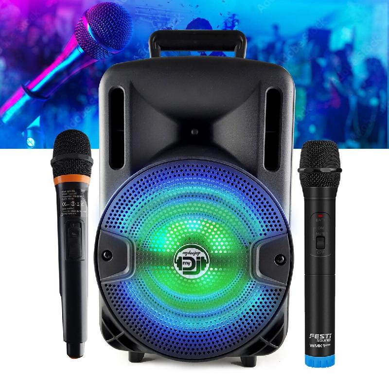 My Deejay Encente DJ sur batterie DJOON08 - 400W à LEDs RVB USB/SD/Bluetooth, 2 Micros VHF pour Karaoké - 3666638048677_0
