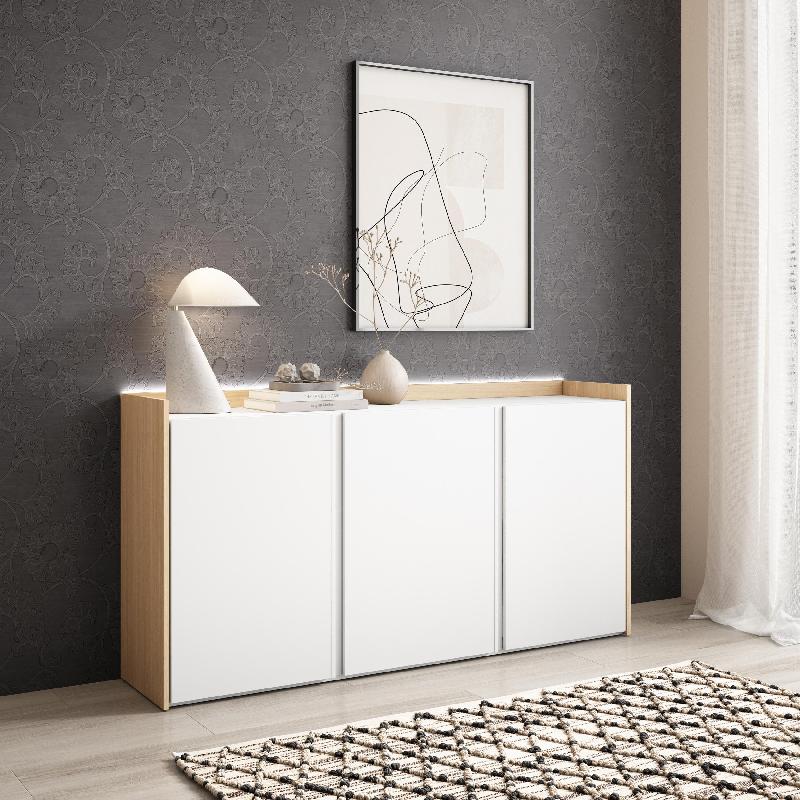 SKRAUT HOME - BUFFET EFFET BOIS BLANC ET CHÊNE 156X35X80CM AVEC LED