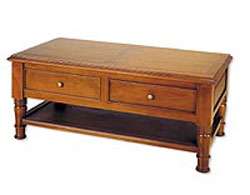 Table basse fixe Louis Philippe - 2 tiroirs - Camélia massif - Teinte merisier - Finition cirée_0