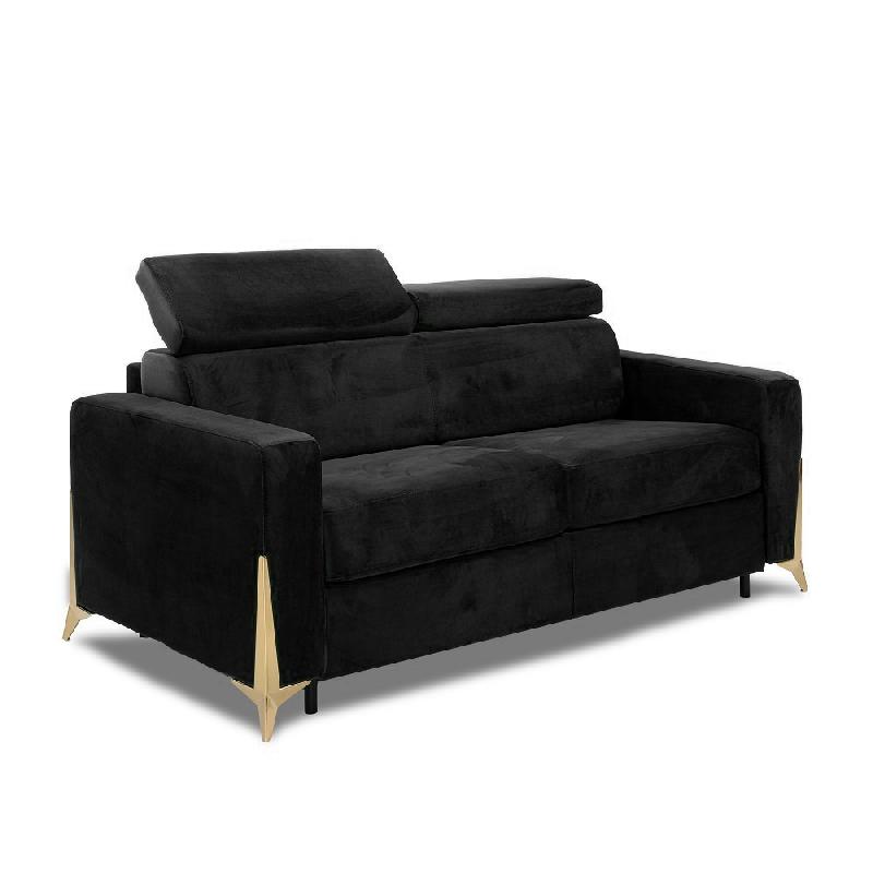 CANAPÉ EXPRESS ODACIO CONVERTIBLE SOMMIER LATTES 140CM TÊTIÈRES RÉGLABLES MATELAS 16CM PIEDS DORÉS VELOURS NOIR_0