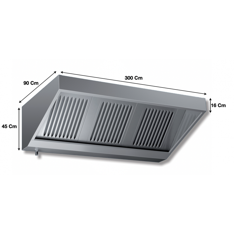 Hotte murale professionnelle inox statique - 3000x900x450mm - 6 filtres - VS 930_0