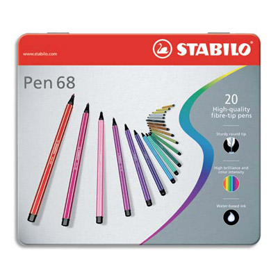 BOITE METAL DE 20 FEUTRES DE COLORIAGE STABILO PEN 68 - POINTE MOYENNE - COLORIS ASSORIS