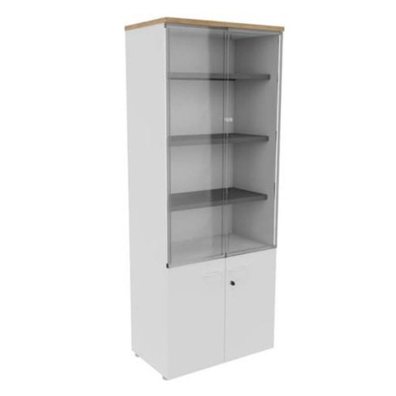 BIBLIOTHEQUE HAUTE NF ENVIRONNEMENT PORTES BASSES ET VITRINE H.203 CM X L.80 CM BLANCHE - TOP CHENE NEBRASKA