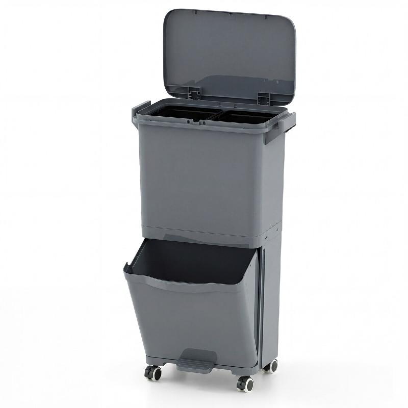 COSTWAY Poubelle 36 L, poubelle avec 2 bacs, compartiment basculant et autocollants de tri, poubelle sur roulettes universelles - gris plastique VH341_0