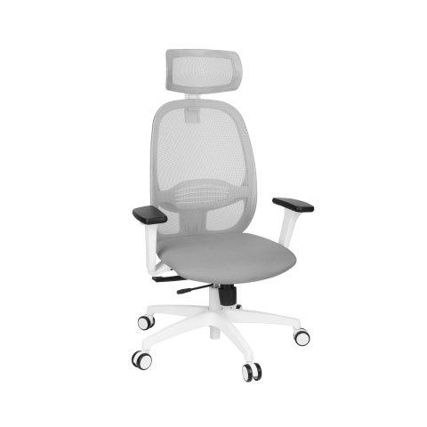 FAUTEUIL DE BUREAU ERGONOMIQUE NODI, TISSU ET MAILLE, AVEC ACCOUDOIRS 3D ET APPUI-TÊTE, MÉCANISME SYNCHRONE, PIEDS BLANCS - GRIS CLAIR
