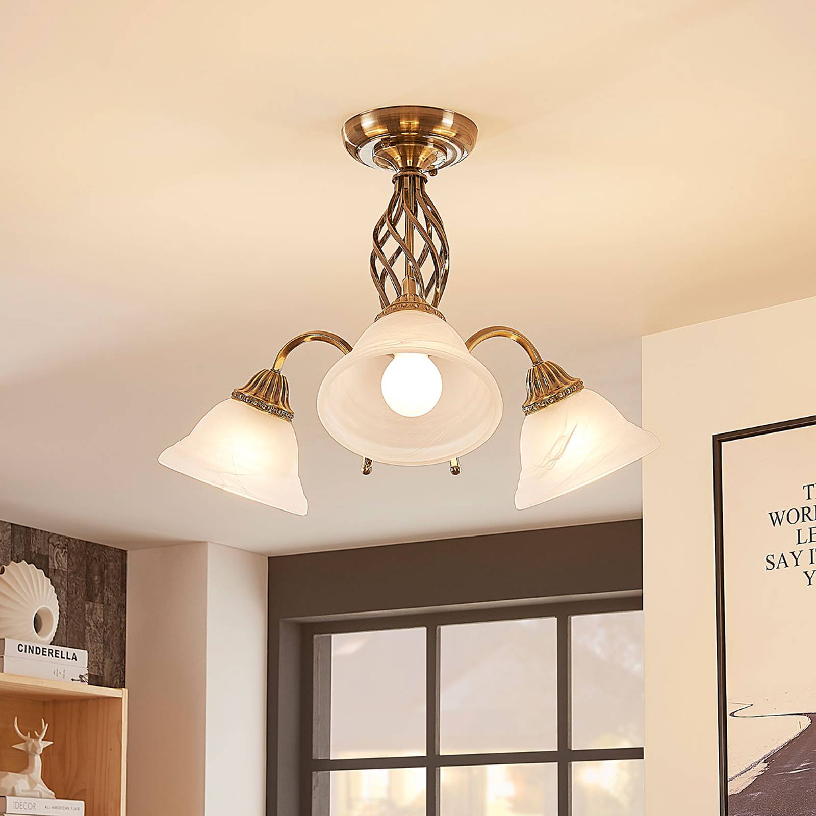 LINDBY PLAFONNIER MIALINA EN LAITON ANCIEN À 3 LAMPES