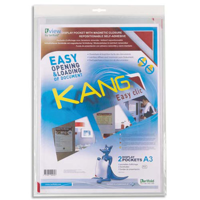 SACHET DE 2 POCHETTES MURALES TARIFOLD PVC A3 - ADHESIVES REPOSITIONNABLES - OUVERTURE EN COIN - COIN MAGNETIQUE