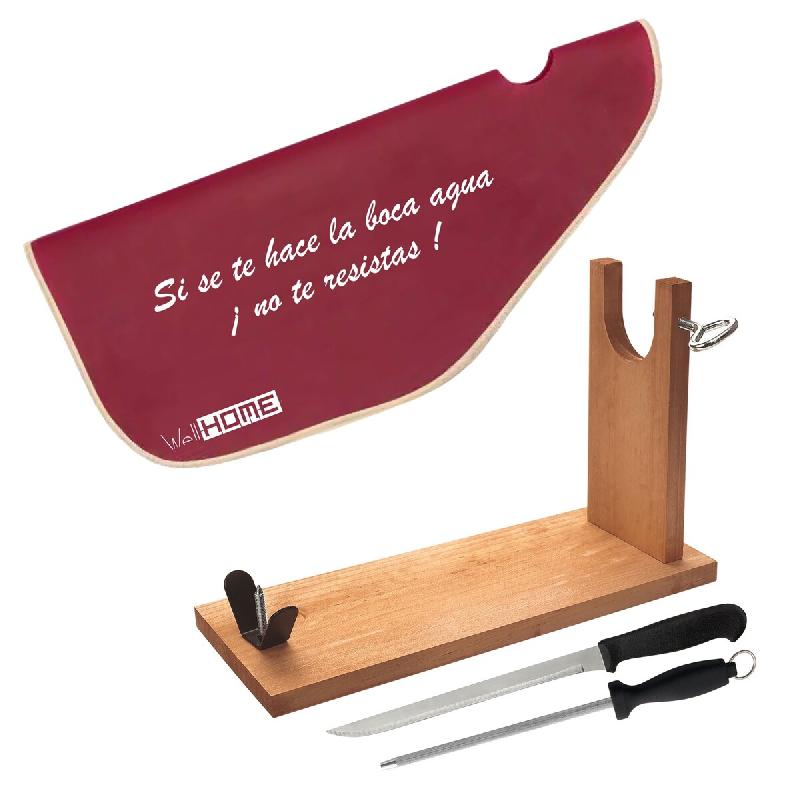 Wellhome Well Home - Support à jambon en bois + set comprenant un couteau à jambon (25 cm), un fusil à aiguiser (21 cm) et une housse pour jambon �_0
