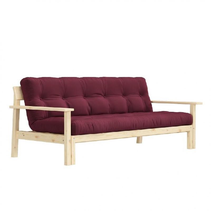 CANAPÉ CONVERTIBLE FUTON UNWIND PIN NATUREL COLORIS BORDEAUX COUCHAGE 130 X 190 CM._0